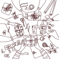 Gift wrapping process with box, scissors and thread from above, line vector illustration.