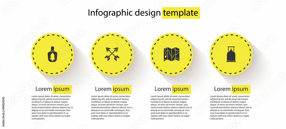 Sticker Set Canteen water bottle, Crossed arrows, Location of the forest on map and Camping gas stove. Business infographic template. Vector