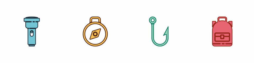 Set Flashlight, Compass, Fishing hook and Hiking backpack icon. Vector