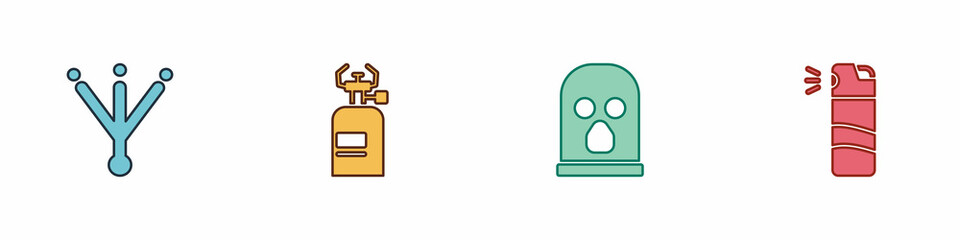 Set Bird footprint, Camping gas stove, Balaclava and Pepper spray icon. Vector