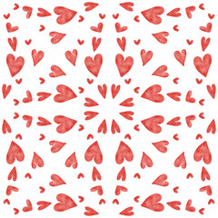 Seamless pattern with red watercolor hearts on white background. Valentines day romantic background.