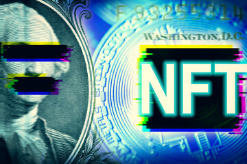 NFT word on dollar bill and bitcoin coin background with futuristic glitch effect. Non fungible token and crypto art concept.