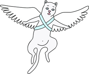 Cupid cat flying on wings isolated on white background. 
Vector illustration