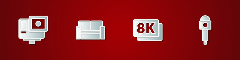 Set Action extreme camera, Cinema chair, 8k Ultra HD and Microphone icon. Vector