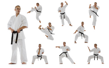 Collage of young sportive man in white kimono practising, training martial arts, karate isolated over white background © Lustre Art Group 