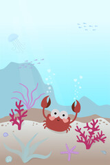 Obraz na płótnie Canvas Underwater greeting card with a cute crab