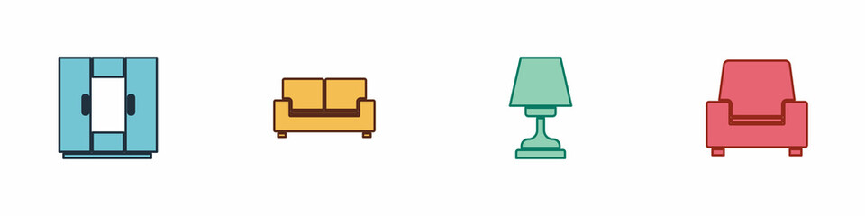 Set Wardrobe, Sofa, Table lamp and Armchair icon. Vector