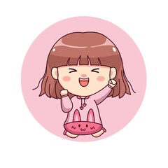 Happy cute and kawaii girl with pink hoodie bunny cartoon manga chibi character design