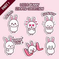 Obraz na płótnie Canvas Set of little bunny sticker collection. Kawaii cute cartoon character design. Hello, love, sorry, thank you, LOL, cry emoticon