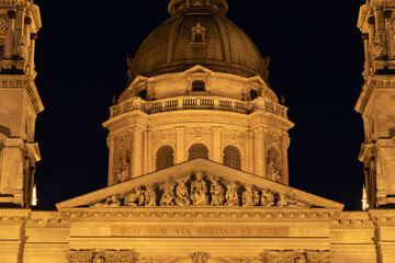 Saint Stephen (Szent Istvan) basilica church illuminated during night in Budapest Hungary Europe