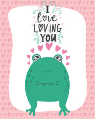  illustration of a romantic frog with lettering I love loving  you. Valentine's day concept cartoon characters in love, cute declaration of love