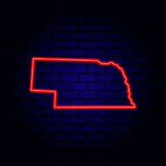 Neon map State of Nebraska on brick wall background.