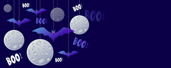 Halloween banner. Moon, bats and Boo!