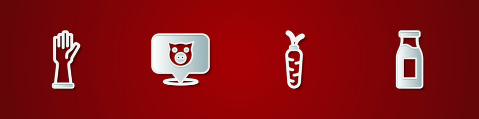 Set Rubber gloves, Pig, Carrot and Bottle with milk icon. Vector