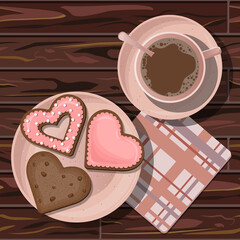 Heart shaped chocolate coral cookies in plate, coffee in cup and checkered napkin on wooden table background. Vector illustration.
