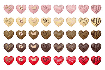 Vector set of heart shaped white, milk, red, pink and dark chocolate sweets decorated with nuts and pastry cream.

