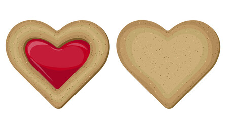 Vector valentine's day cookies with red berry jam isolated on white background. Realistic heart shaped cookies.