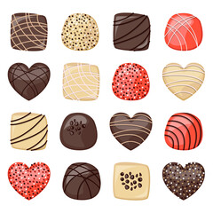 Set of white, orange and dark glitter chocolate candies decorated with confectionery topping and cream. Vector illustration.