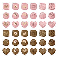 Vector set of different shaped pink and milk chocolate sweets decorated with nuts and cream isolated on white background.
