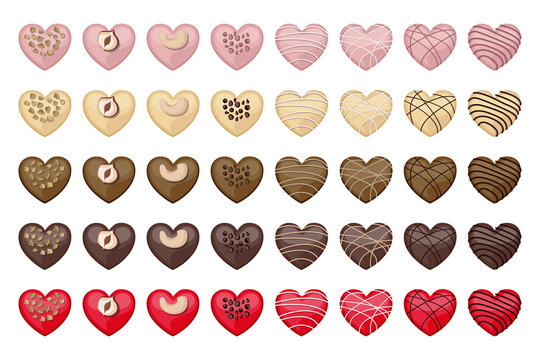 Vector set of heart shaped white, milk, red, pink and dark chocolate sweets decorated with nuts and pastry cream.
