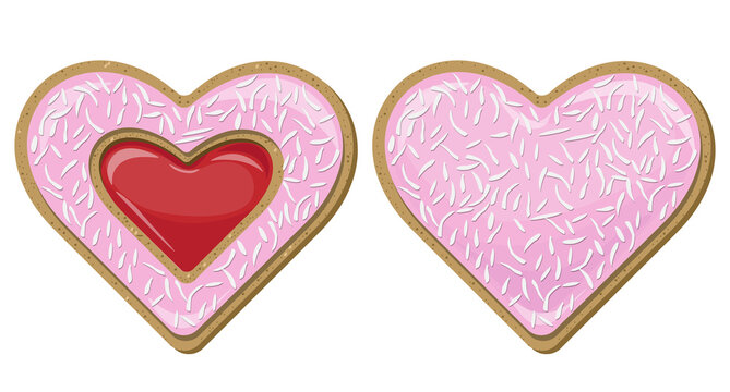 Vector pink heart shaped cookies with coconut flakes isolated on white background.