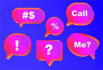 Collection of 3d pink purple speech bubble chat icon collection. Balloon doodle style of thinking sign symbol.3d, bubble, balloon, speech, text, chat, dialog, comic, cloud, pink, illustration, message