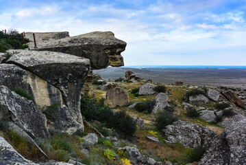 Touristic Qobustan with petroglyphs area listed in Unesco, World Heritage in Azerbaijan. Baku.