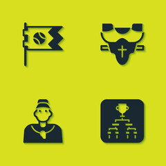 Set Flag with baseball ball, Championship tournament bracket, Baseball coach and Player chest protector icon. Vector