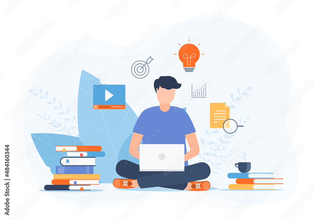 Aufkleber Flat vector Illustrations design technology remote working for online education and learning concept and students use computers for studying.