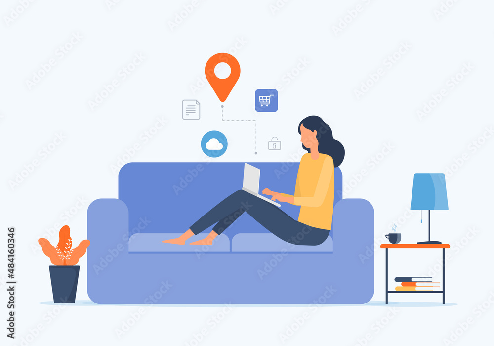 Poster flat vector business people work from home workplace on sofa concept and business smart working onli