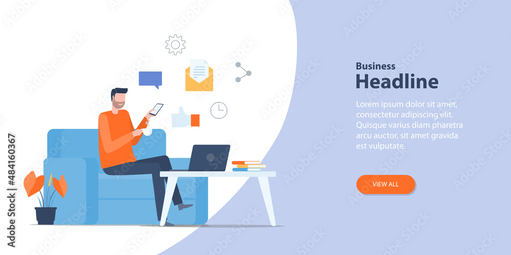 Poster homepage web banner design concept business people working online any workplace with remotely techno