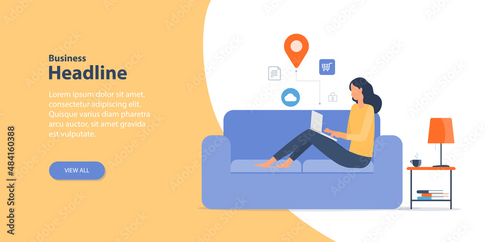 Poster homepage web banner design concept business people working online any workplace with remotely techno
