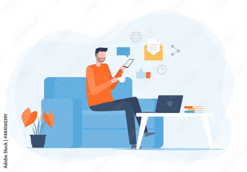 Poster flat vector business people work from home workplace on sofa concept and business smart working onli
