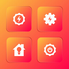 Set Lightning bolt, Gear and lightning, Smart house bulb and Power button icon. Vector