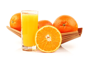 Full glass and Jug of orange juice on white background