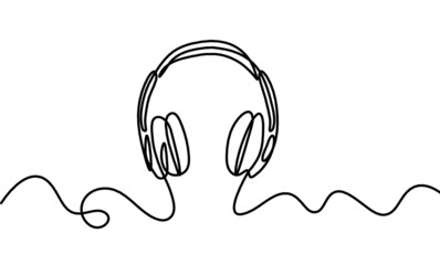 Abstract headphones as continuous lines drawing on white background