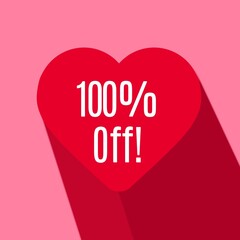 100% off on a red heart on pink background for valentine's day and mother's day. One hundred percent off on a red heart.