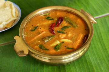 Kerala food for Onam festival special curry Sambar , Sambhar for Onam sadya , sadhya in green...