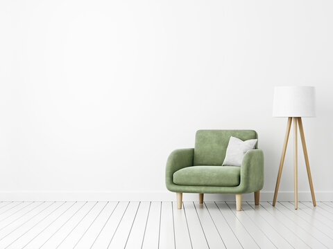 Empty living room wall mockup with green velvet armchair, pillow and floor lamp on blank white interior background. Illustration, 3d rendering