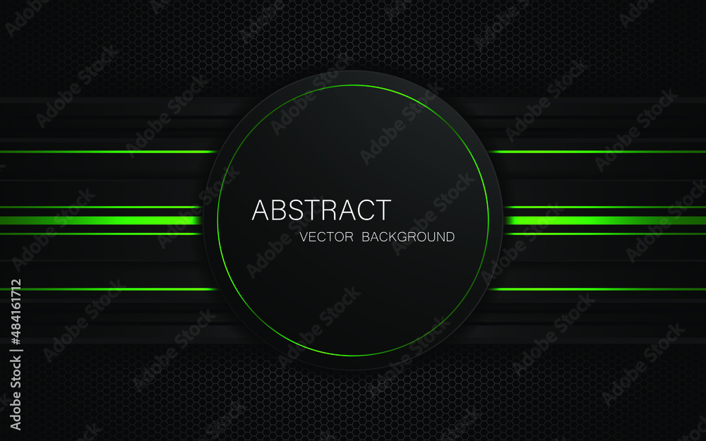 Poster abstract circle and polyhedron shapes with green light lines on dark steel mesh background. modern t