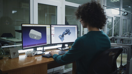 Young man in casual clothes with curly hair creating 3D model on computer while sitting at desk in...