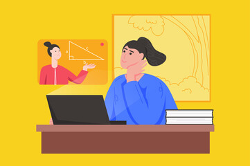 Distance learning and online education modern flat concept. Student watches webinar on geometry. Woman studying at college or university. Vector illustration with people scene for web banner design