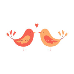 Two lovebirds are standing with their eyes closed. Cartoon-style characters, a decorative element for Valentine's day cards. Color vector illustration isolated on a white background.