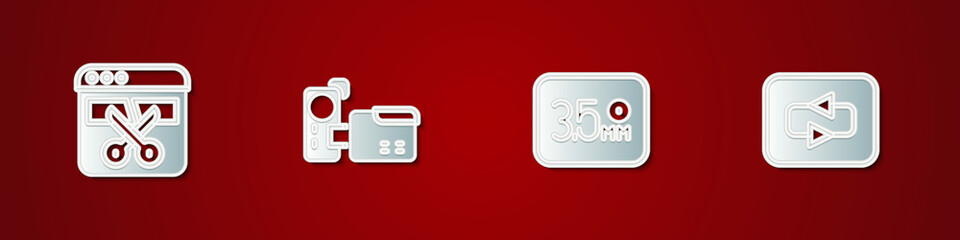 Set Video recorder or editor, Cinema camera, Audio jack and Repeat button icon. Vector