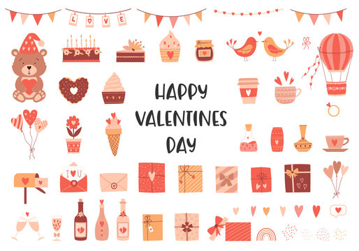 A set of design elements on the theme of Valentine's Day, birthday. Bear, sweets, gift boxes, birds, balloons. Color vector illustrations isolated on a white background.