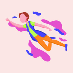 Happy free girl flying, floating and jumping in air. Concept of freedom. Vector colorful illustration.