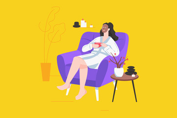 Body treatment in spa salon modern flat concept. Woman with face moisturizing mask in bathrobe drinks tea and relax while sitting in chair. Vector illustration with people scene for web banner design