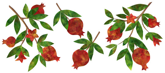 A set of illustrations in mixed media. Abstract pomegranate branches with fruit, flowers and leaves. 