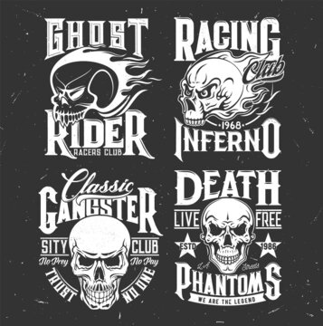 Racing club skull, biker races and motorcycle races vector t-shirt prints. Chopper bike races club emblems with skull in fire helmet and motorcycle riders quotes of Phantom and inferno ghosts gang