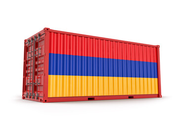 Realistic shipping cargo container textured with Flag of Armenia. Isolated. 3D Rendering